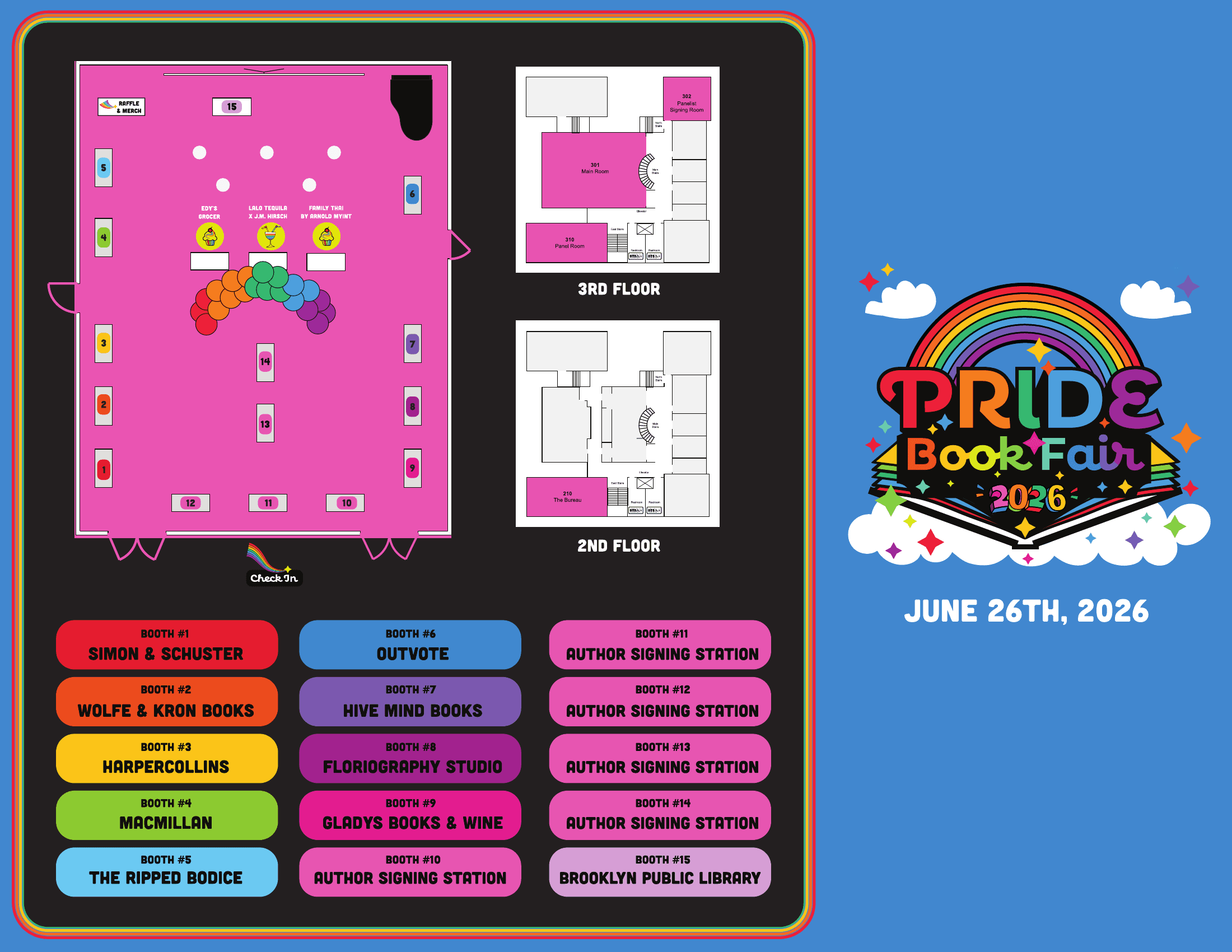 PRIDE Book Fair 2026 venue map showing the 2nd- and 3rd-floor plans and the booth directory.